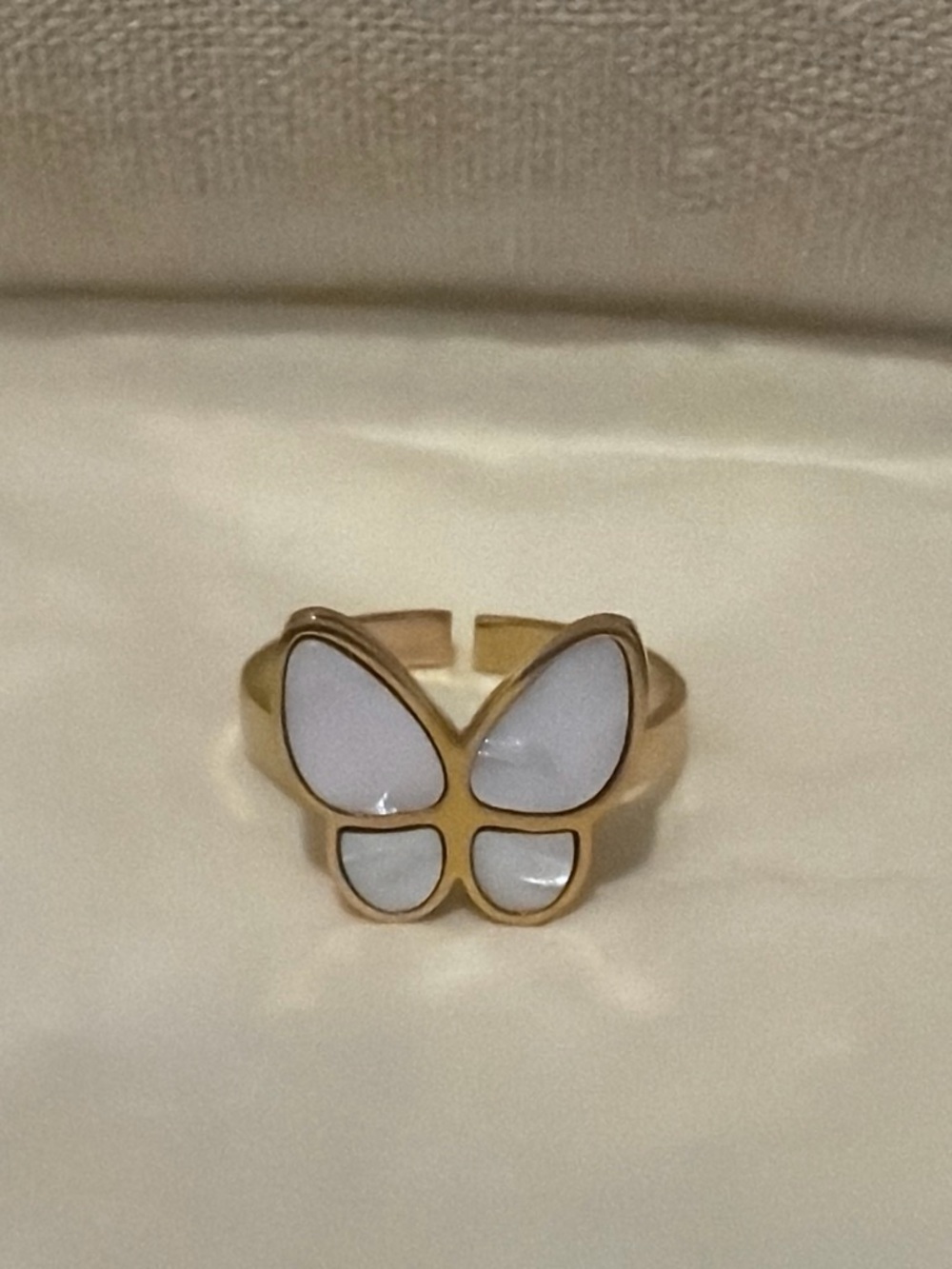 Gold Butterfly White Enamel Adjustable Ring